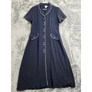 Vintage K Petite Dress Women 12P Blue White Piping Trim Maxi Button Front Modest